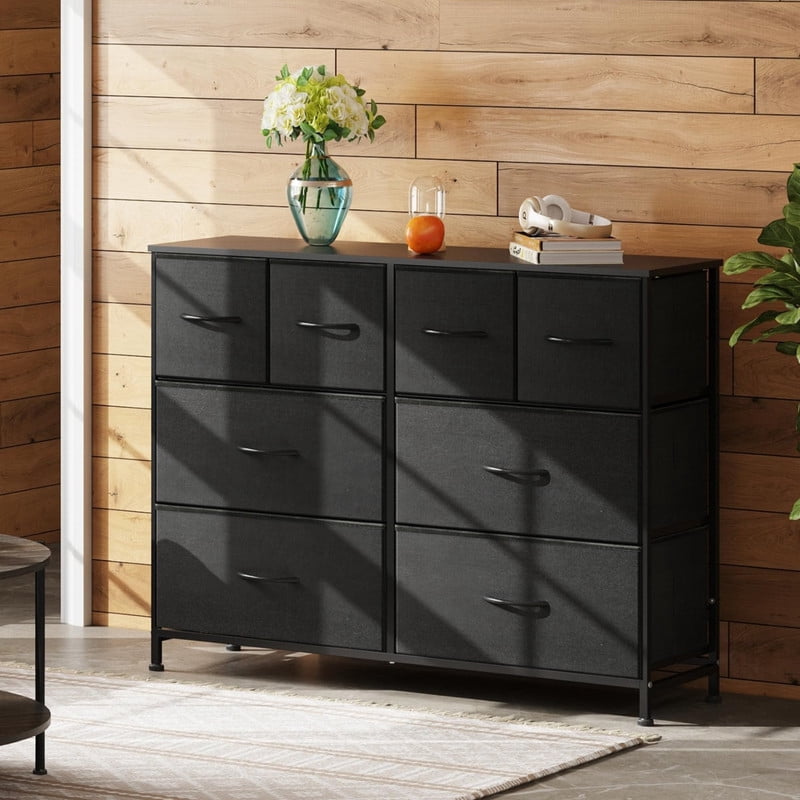 Kelno 8 Drawers Fabric Dresser Wide Wood Top Cabinet Storage Tower Metal Frame Clothes Organizer for Bedroom Living Room,Black