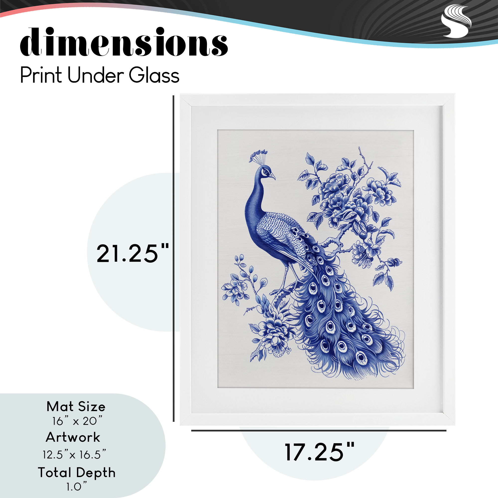 Vintage Peacock in Toile Style White Framed Print Under Glass, design by Lettered and Lined