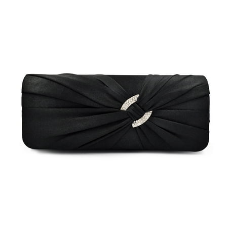Layers Pleated Clutch - Premium Oval Rhinestone Pleated Satin Clutch Evening Bag Handbag, Black