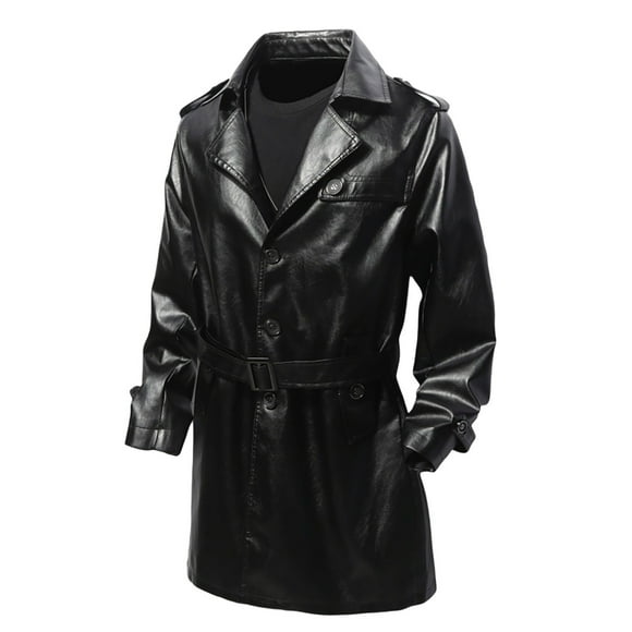 zfhfof Mens Retro Faux Leather Trench Coat Notch Lapel Button Long Overcoat Vintage Bomber Motorcycle Parka Jacket with Belt