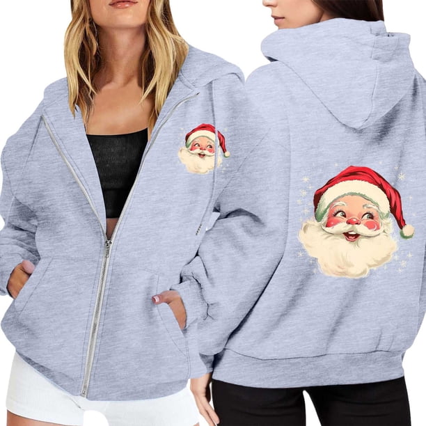 WILLBEST Sudadera Larga para Mujer, con Estampado Navideño, Cremallera, Manga Larga, Bolsillo y Cordón Ajustable Mediana