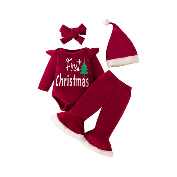 Coerni Baby Girls My First Christmas Outfits Velvet Long Sleeve Bodysuit Flared Pants Headband Hat 4PCS Xmas Clothes Sets