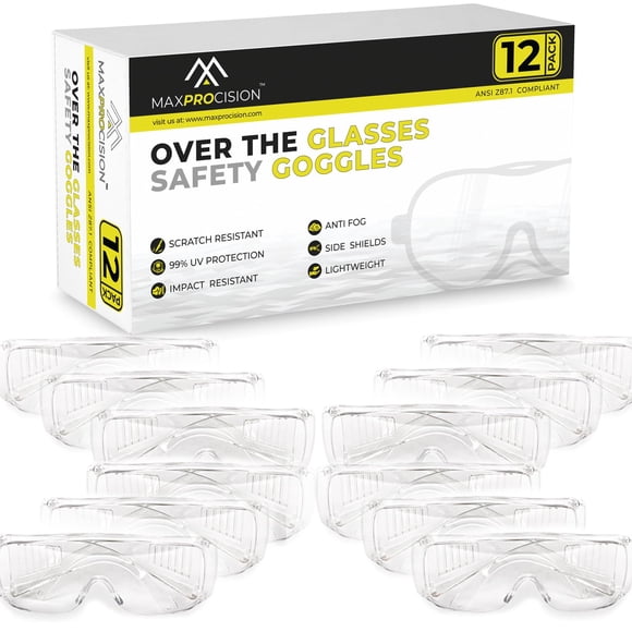 Gafas de seguridad MaxProcision OTG, paquete de 12, transparentes con protección UV