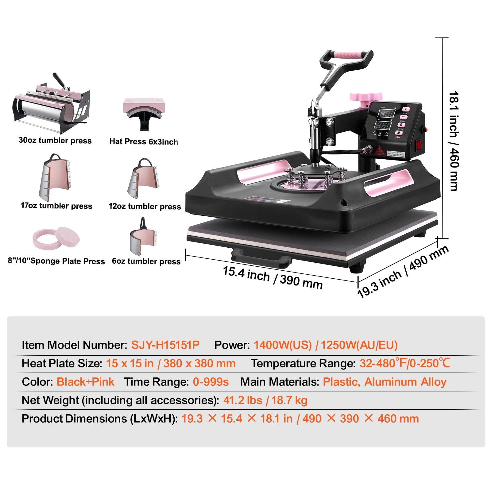KFFKFF 15 x 15 inch Heat Press Machine, 8-in-1 Heat Transfer Equipment with 30 oz Tumbler Attachment, 360° Swing-Away Digital Press, Teflon-Coated Surface, Suitable for T-Shirts, Mugs, Hats, Plates