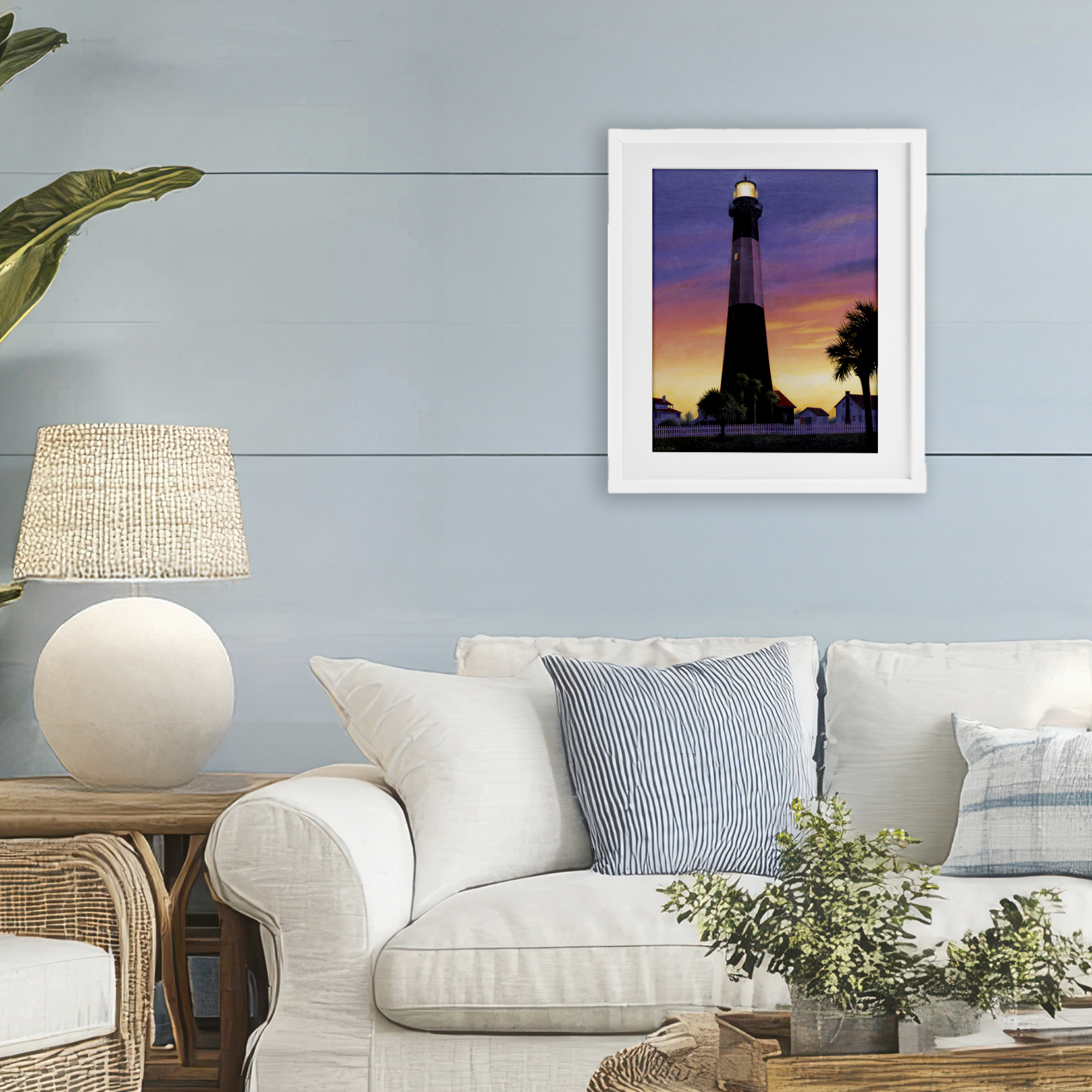 Georgia Tybee Island Lighthouse White Framed Print Under Glass, design by Wind River Studios