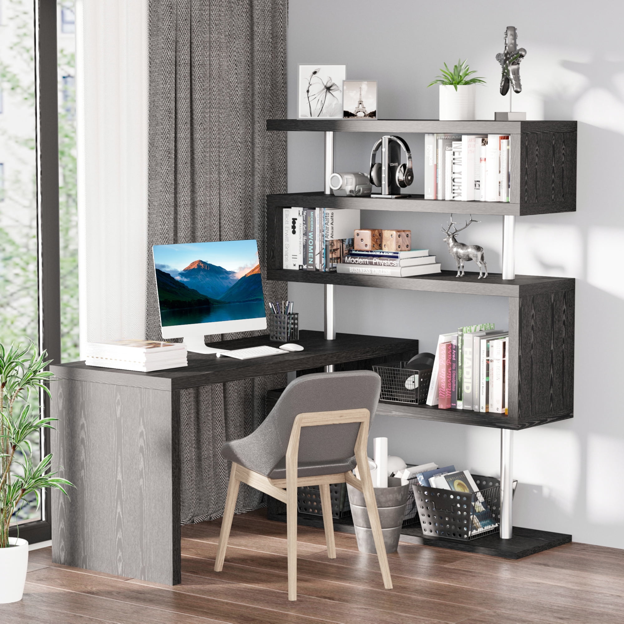 HomCom 94" 4 Tier Rotating Versatile L-Shaped Computer Desk Writing Table with Display Shelves and Steel Frame, Black