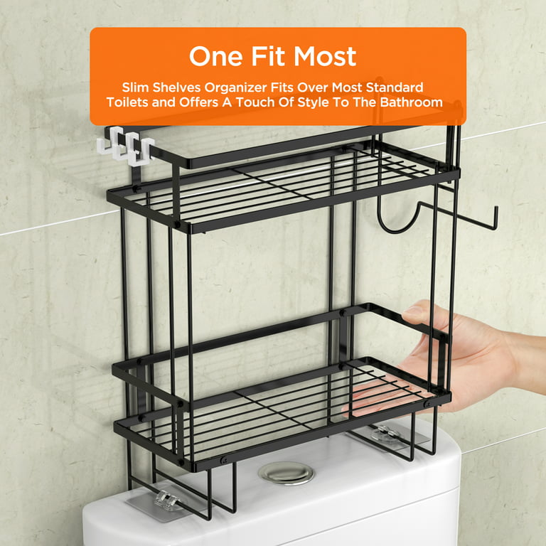 Over The Toilet Storage Shelf, 2-Tier Bathroom Organizer Over Toilet,  Folding Bathroom Space Saver with Toilet Paper Holder and Hooks(Black)