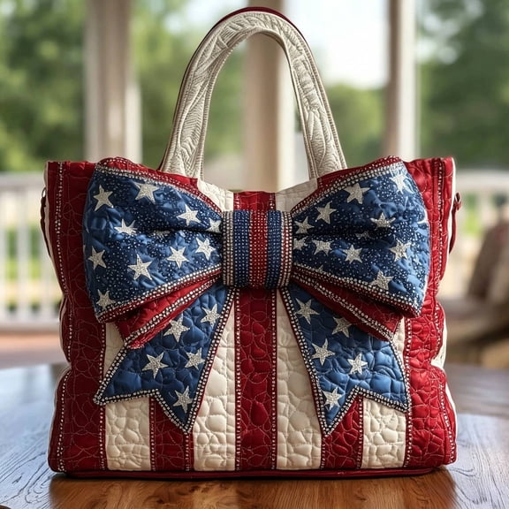 QIUXUJ-Bow American Flag Print Quilted Tote Patchwork Shoulder Bag Women Daily Handbag For Shopping (13.39in)