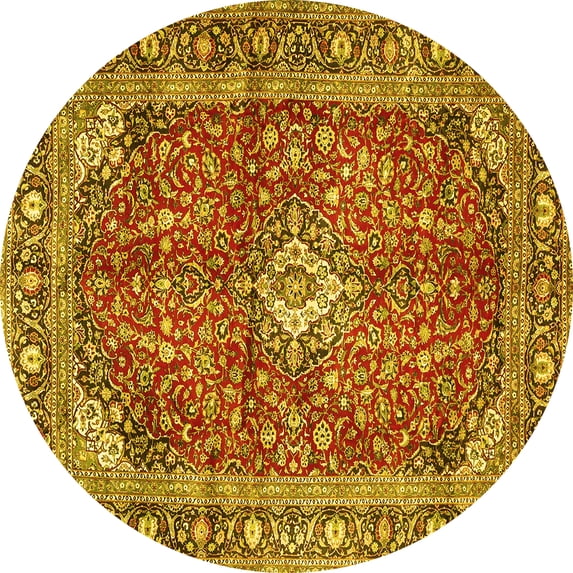 Ahgly Company Machine Washable Indoor Round Medallion Yellow Traditional Area Rugs, 5' Round