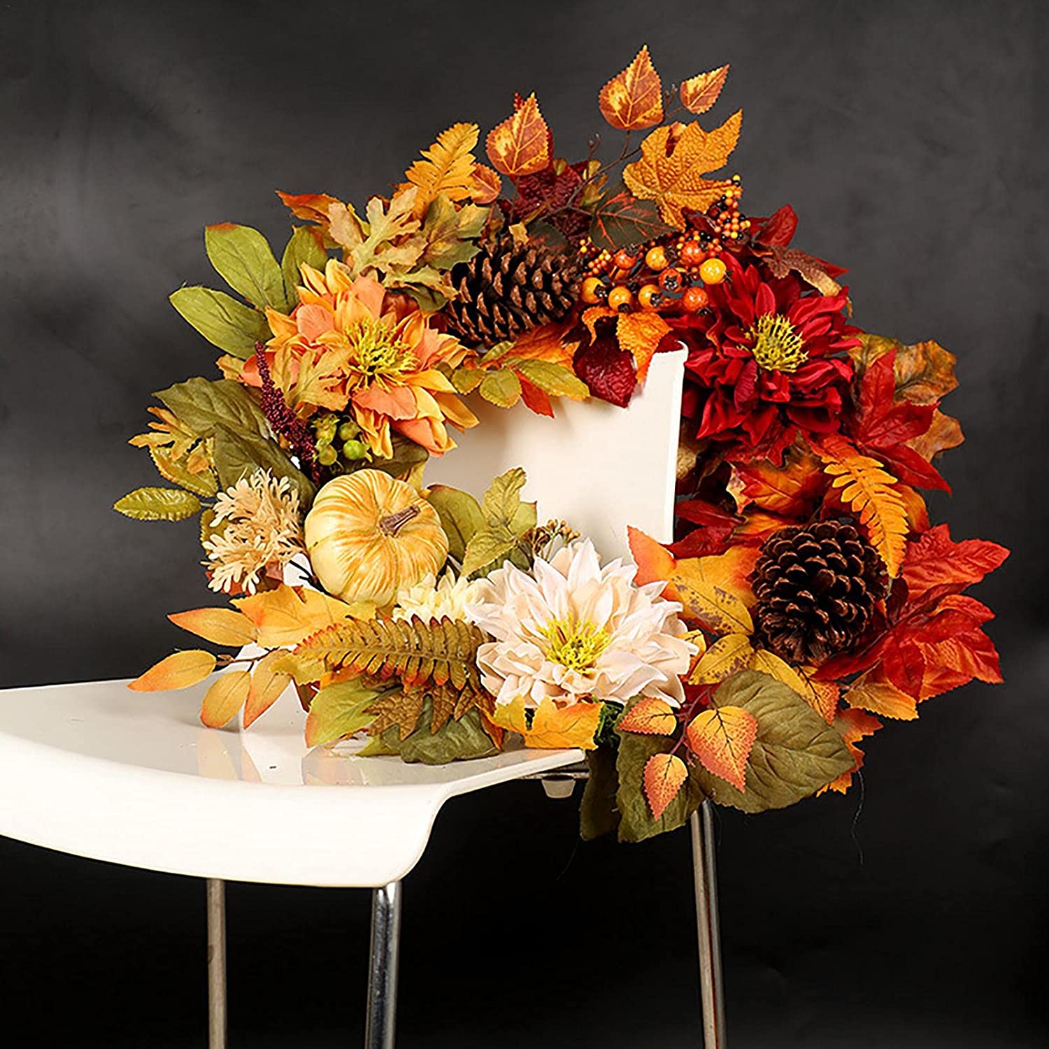 Couronne D'automne Pour Porte - Décorations Fête, Thanksgiving, Halloween, En Soie Et Rotin, Diamètre ~45-50 Cm - 11