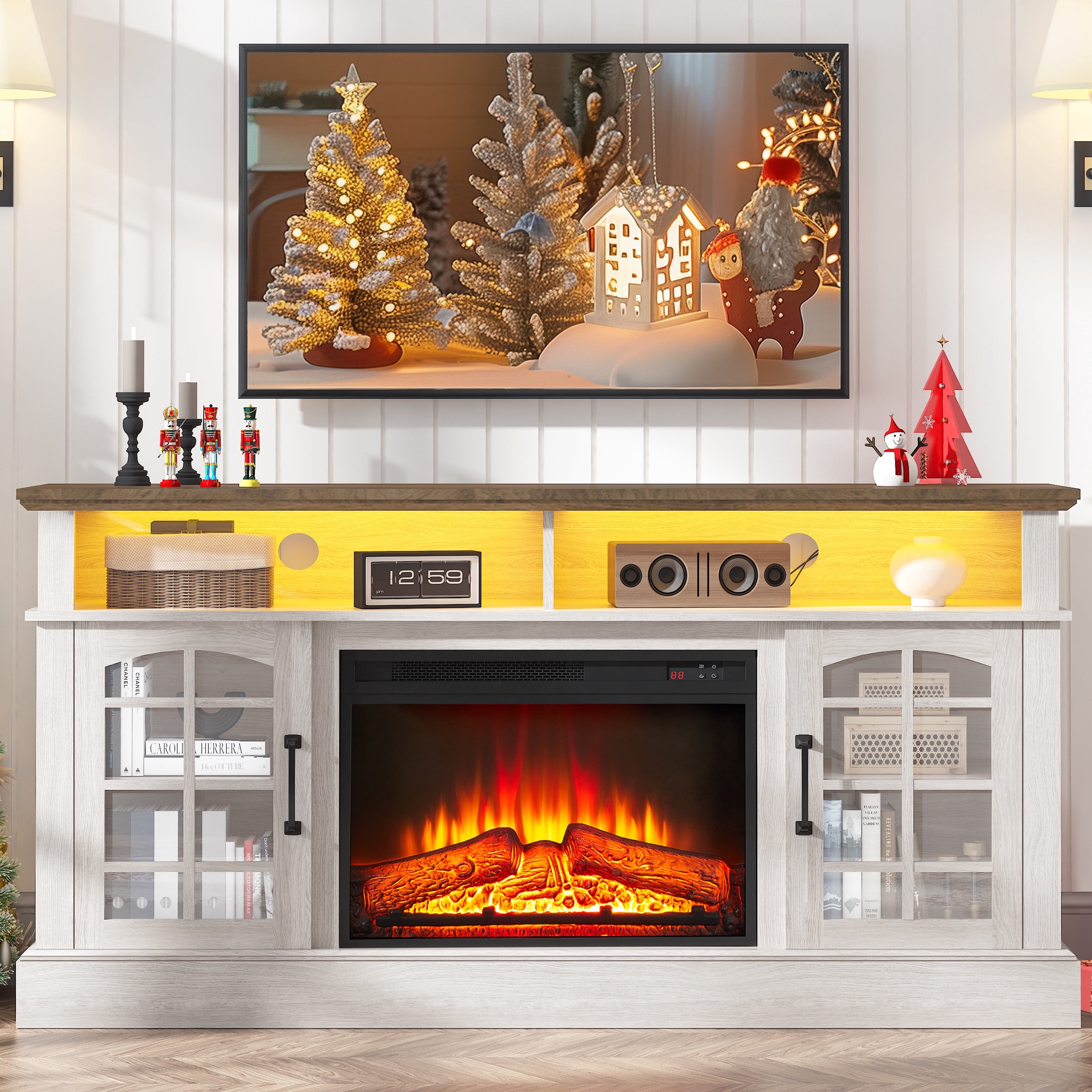 Paproos Fireplace TV Stand for 65 inch TV with LED Lights, 32.0in Tall TV Stand with 23'' Electric Fireplace, Entertainment Center for Living Room, 400 Sqt Heating Area, Brown Tabletop&White Cabinet