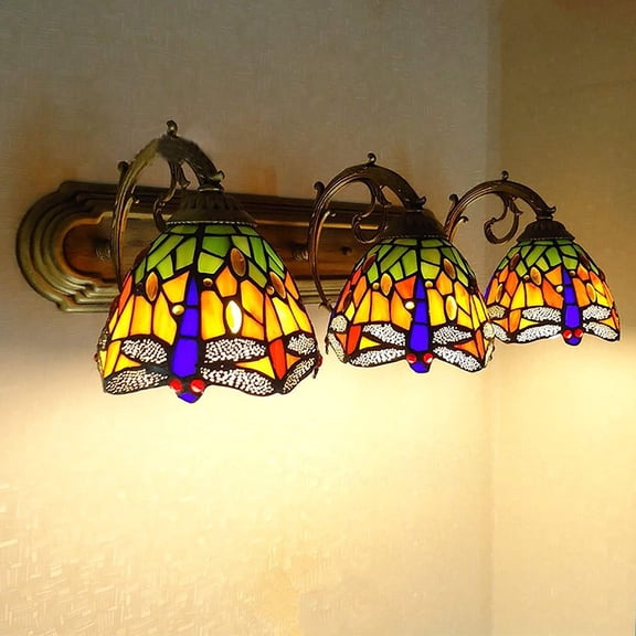 3 Lights Wall Sconces,Handcraft Stained Colorful Glass Vanity Lighting Wall Lamp Dragonfly Shades for Bedroom Bedside Wall Lighting Fixture
