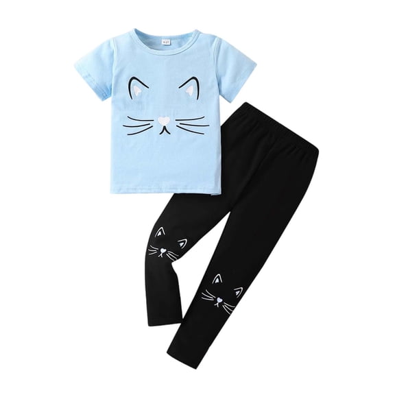 Oiyii Girls Outfits Cat Print Short Sleeve Round Neck T-Shirt Leggings Sets, Sizes 3-14