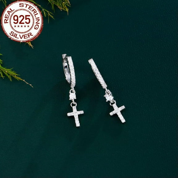 Brilliant White Sterling Silver 925 CZ Round Cross Dangle Huggie Hoop Earrings