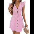 thumbnail image 1 of Vestidos de Verano A Rayas para Mujer, Minivestido Informal con Cuello en V, Mangas Abullonadas, Volantes y Botones. Rosa L, 1 of 8