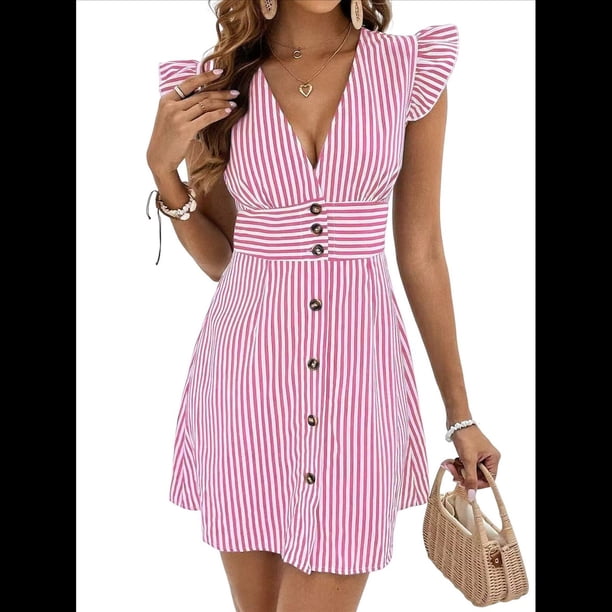Vestidos de Verano A Rayas para Mujer, Minivestido Informal con Cuello en V, Mangas Abullonadas, Volantes y Botones. Rosa M
