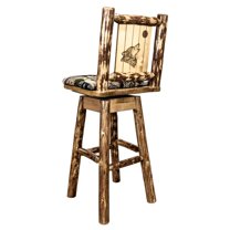 Glacier Country Collection Barstool w/ Back & Swivel, Woodland Pattern Upholstery w/ Laser Engraved Wolf Design