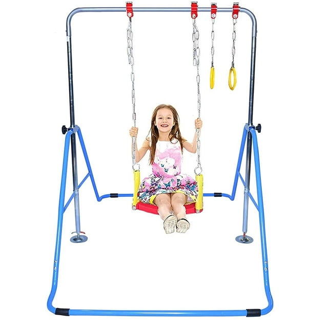 Kids Gymnastics Bar Home Gymnastics Horizontal Bar 4 in 1 with Swing Seat, 2 Trapeze Rings, Adjustable Height and Foldable Gymnastic Gymnasts Training Bar Playground Blue