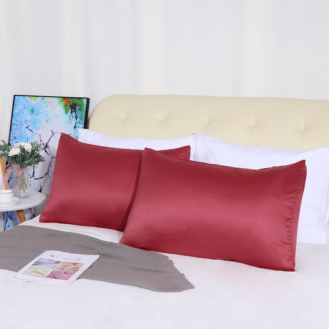 Unique Bargains Silky Satin Pillow Cases Covers Set of 2 Burgundy Standard
