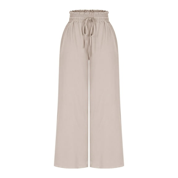 ABATAB Women's Summer Palazzo Pants Loose Fit Wide Leg Pants High Waist Drawstring Beach Vacation Casual Trousers with Pockets