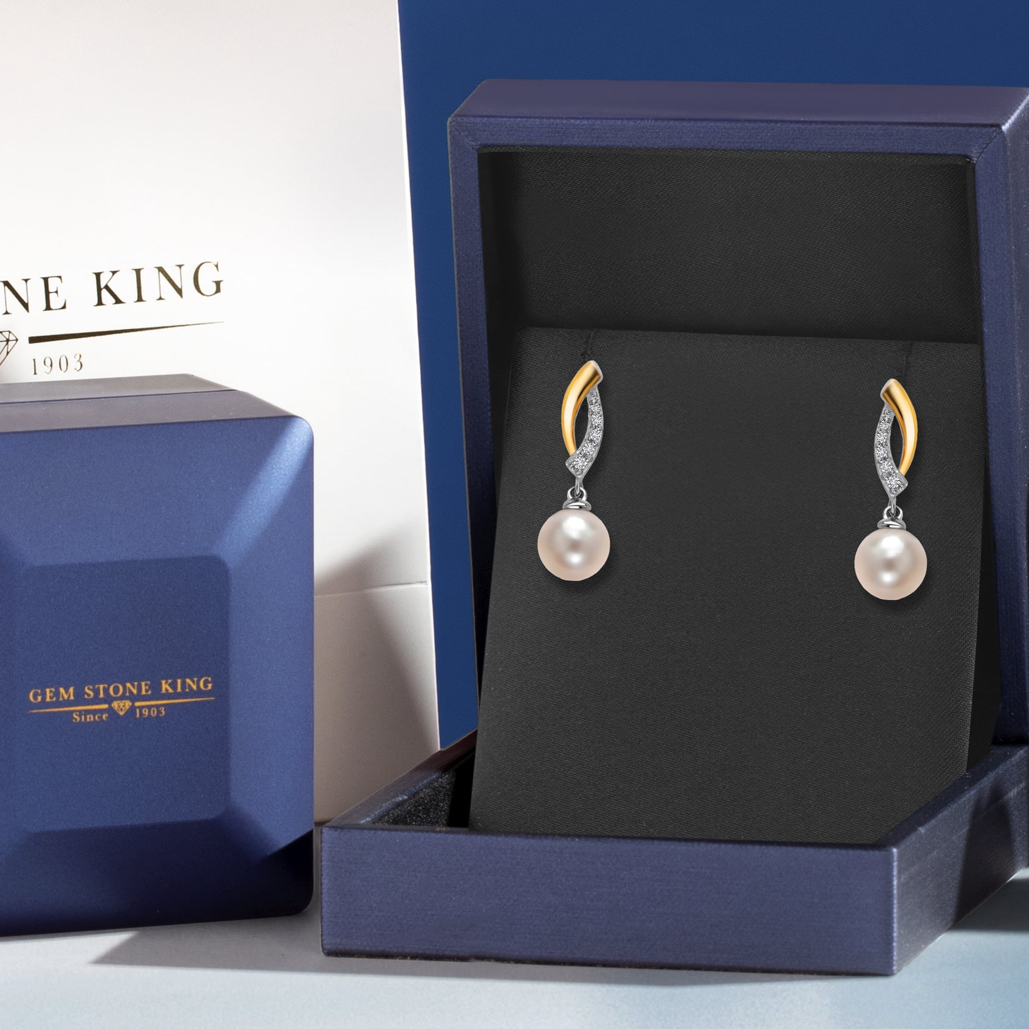 Gem Stone King 925 Sterling Silver and 10K Yellow Gold 7MM Round Cultured Freshwater Pearl and Lab Grown Diamond Dangle Earrings for Women