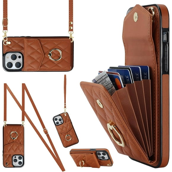 MYKOMI Crossbody Wallet Phone Case for Apple iPhone 13 Mini Leather Case with Card Holder & 360° Ring Kickstand & Wrist Strap Purse Cover Magnetic Closure Flip Handbag Women Shell