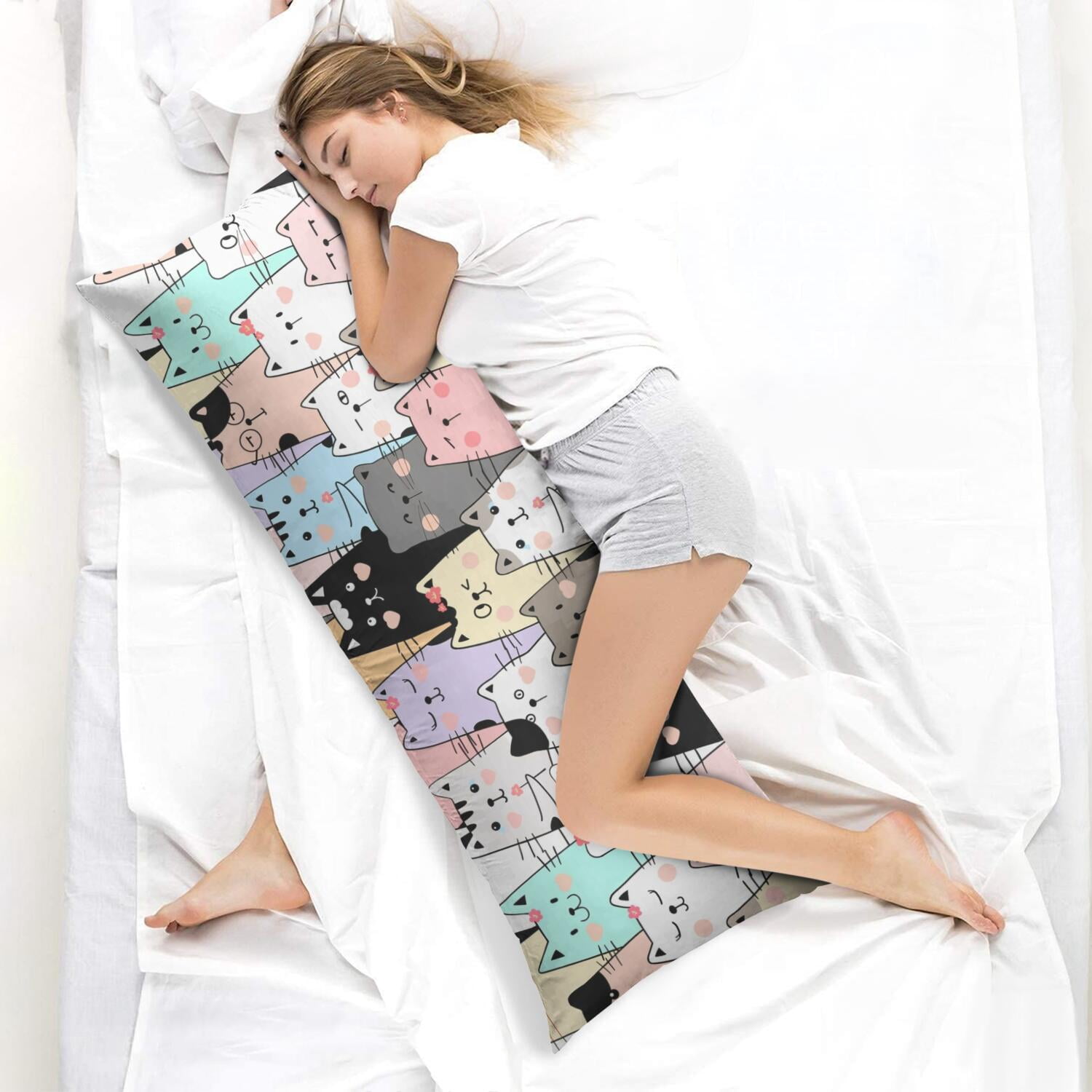 Long Body Pillow Cover – Soft & Breathable, Hidden Zipper, 20"x54", Cute Cat & Paw Print – Perfect Gift for Cat Lovers, Side Sleepers, Pregnancy Support, Pet-Themed Decor
