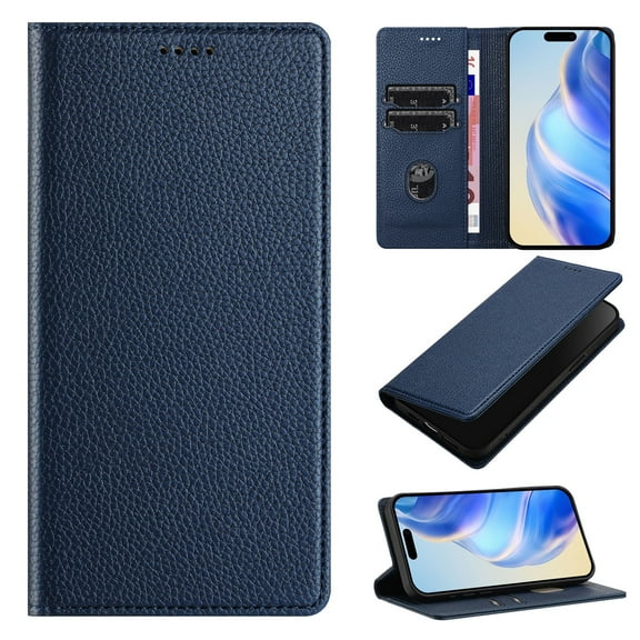 Lychee Texture PU Leather Case for iPhone 17 Pro Wallet Case with RFID Blocking Card Holders, Wallet Case with Kickstand Magnetic Flip Case Compatible with iPhone 17 Pro - Darkblue
