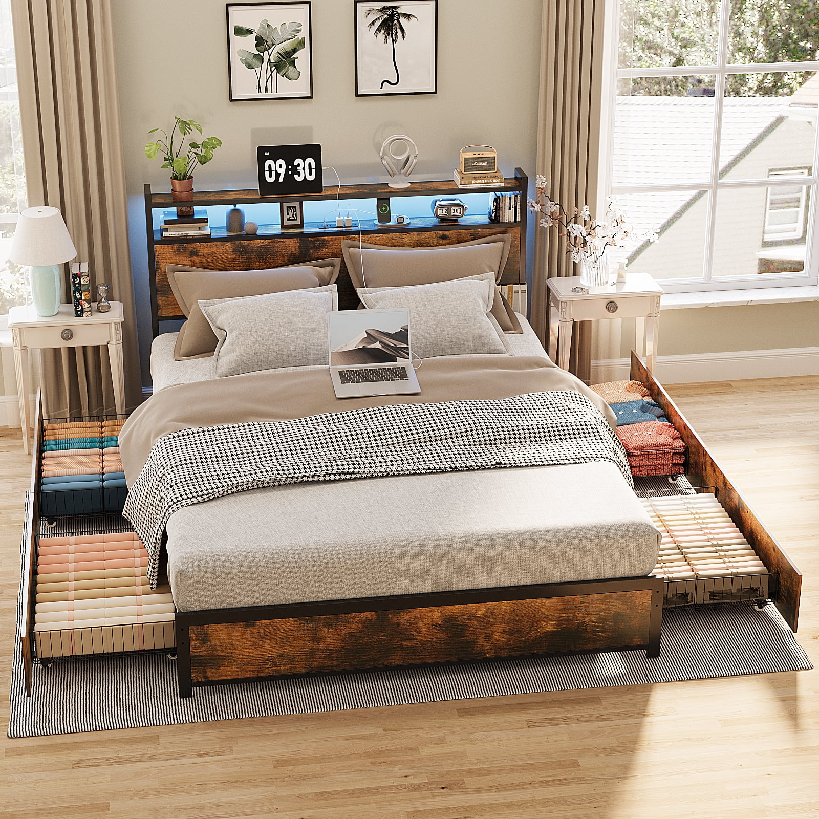 Zimtown Queen Bed Frame with 2-Tier Storage Headboard, Metal Platform Bed Frame with 4 Storage Drawers, Built in Charging Station & LED, Vintage Brown