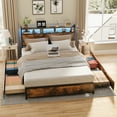 thumbnail image 3 of Zimtown Queen Bed Frame with 2-Tier Storage Headboard, Metal Platform Bed Frame with 4 Storage Drawers, Built in Charging Station & LED, Vintage Brown, 3 of 10