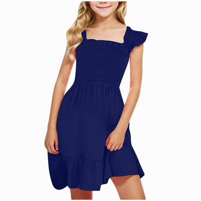 Gubotare Robe de Fête pour Fille Robes Froncées pour Filles Adolescentes Ruffle Fluide à Étages Coupe Trapèze Robe Évasée pour Fille Taille 11-12 (Bleu, 11-12 Ans)