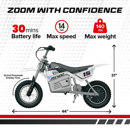 Razor - Dirt Rocket Toy Motocross Motorcycle Dirt eBike w/10 mi Max Operating Range & 14 mph Max Speed - White