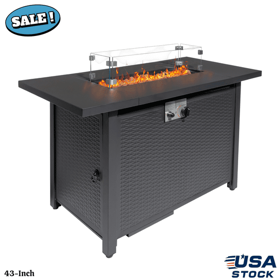 GZXS Fire Pit Propane Gas FirePit Table 43" Outdoor Fire Pit Rectangular Tabletop with Lid, Rain Cover, Tempered Glass Wind Guard for Outside Garden Backyard Deck Patio (Black)