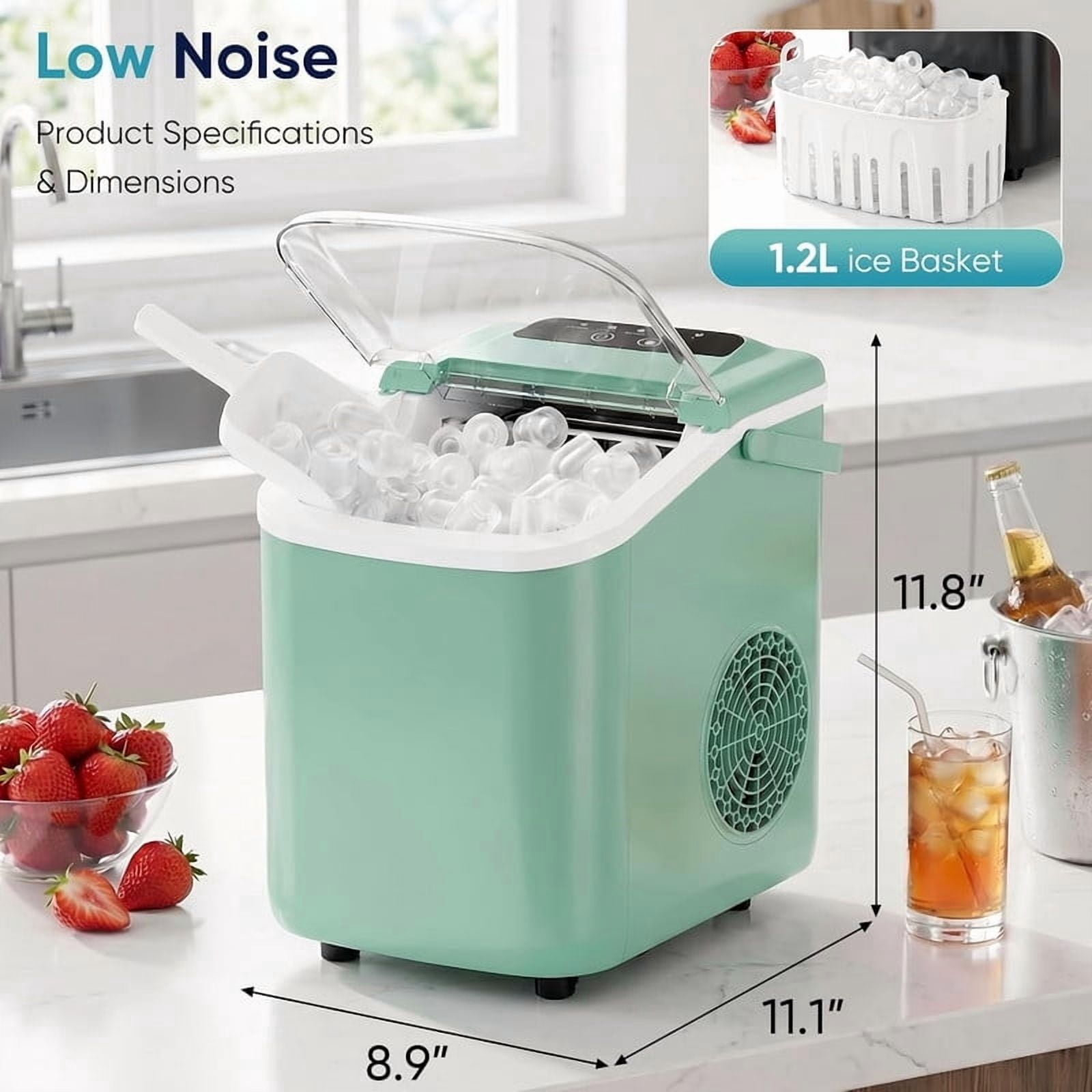 Simenmax Ice Maker Countertop – 26lbs Desktop ice maker with Handle for Home, Kitchen, Office, Outdoors, RV, Camping, Green