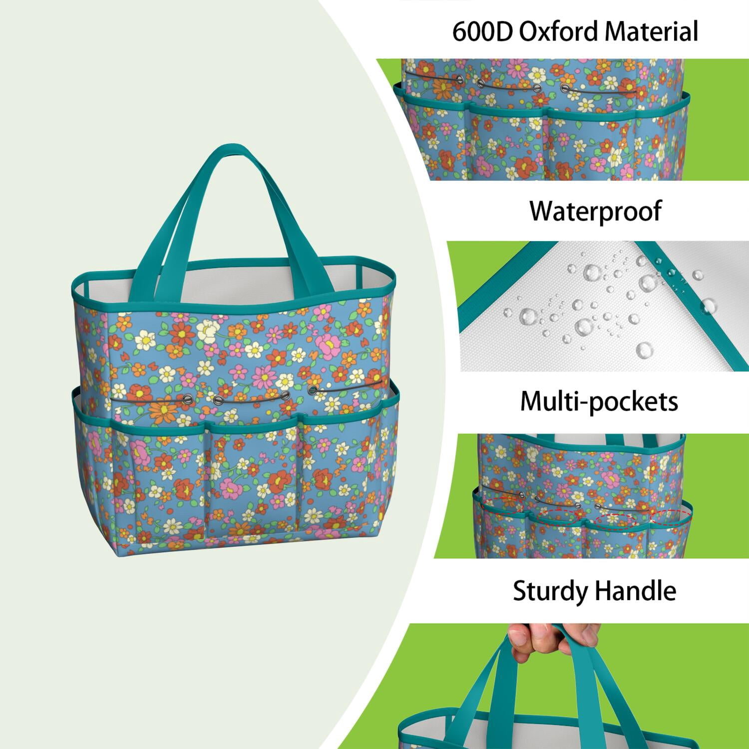 Bright Flowers Garden Tools Bag, Water-proof Oxford Garden Tote Home Organizer Gardening Tool Bag Kit Holder with 8 Pockets for Indoor and Outdoor Gardening(Tools Not Included)
