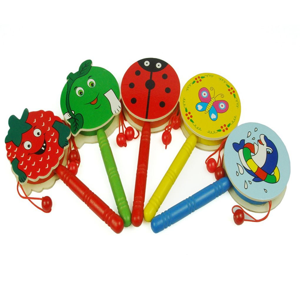 Cartoon Wooden Hand Shaking Bell Rattle Drum Tambourine Baby Kids Musical Toy 