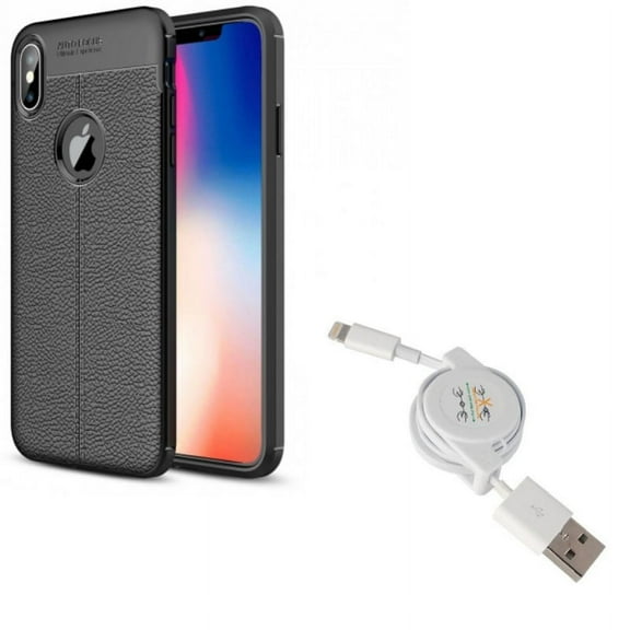 Retractable USB Cable w PU Leather Case for iPhone XS Max - Charger Power Cord Sync Wire and Slim Fit Cover Reinforced Bumper Shock Absorbent Black