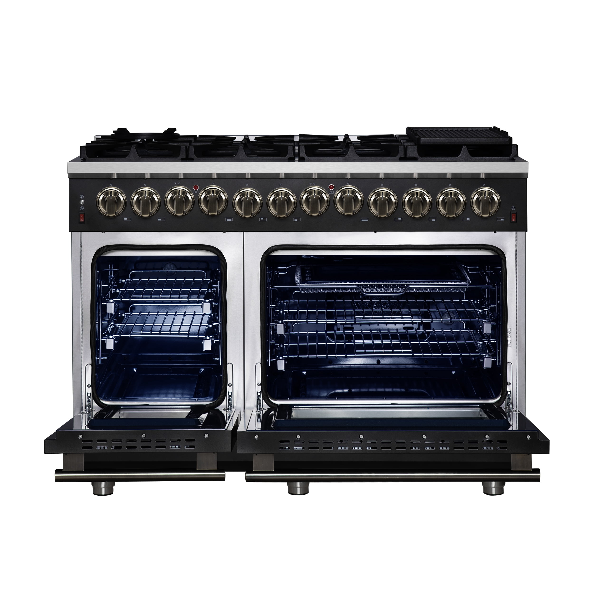 Forno Massimo 48 Inch Freestanding Dual Fuel Range in Black with Antique Brass Accessories, 8 Burners, 6.58 cu. ft. Convection Oven