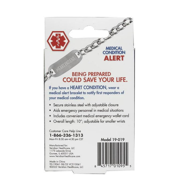 Thera|Care Stainless Steel Heart Medical ID Bracelet, Adjustable