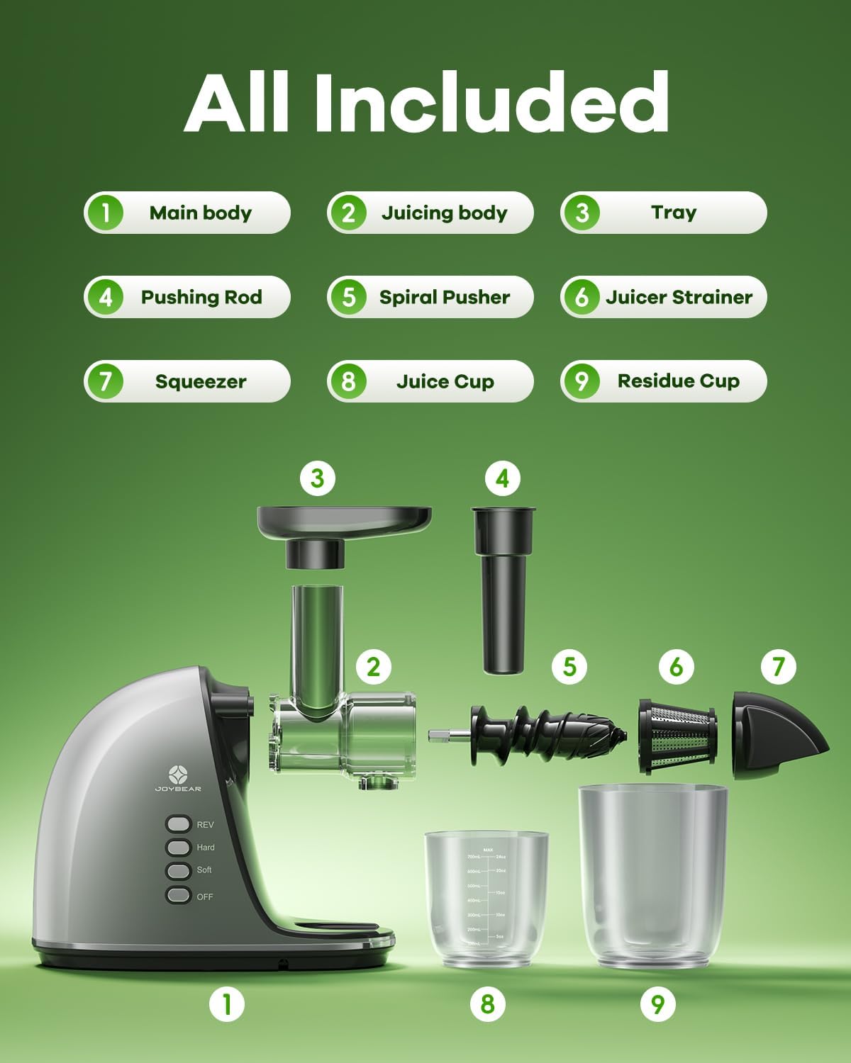 Cold Press Juicer Machine: Easy to Clean Slow Masticating Juicer Extractor for Veggies and Fruits, 92% Juice Yield High Nutrient and Vitamin, Quiet Motor & Reverse Function with Brush, Silver