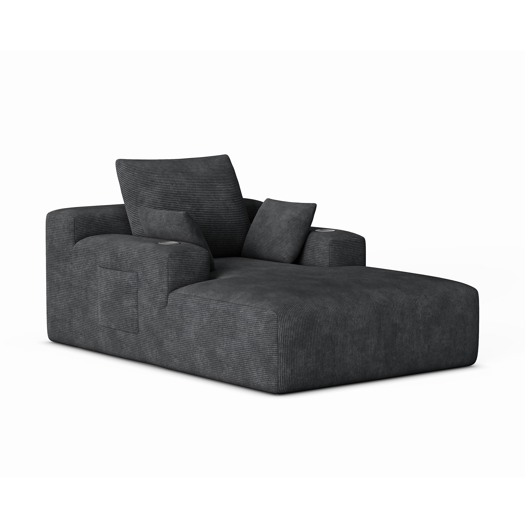 GARITIN Chaise Lounge Sofa 71 Inch, Corduroy Oversized Deep Seat Lounge Chair with Cup Holders and Storage Pocket for Living Room Bedroom, Black