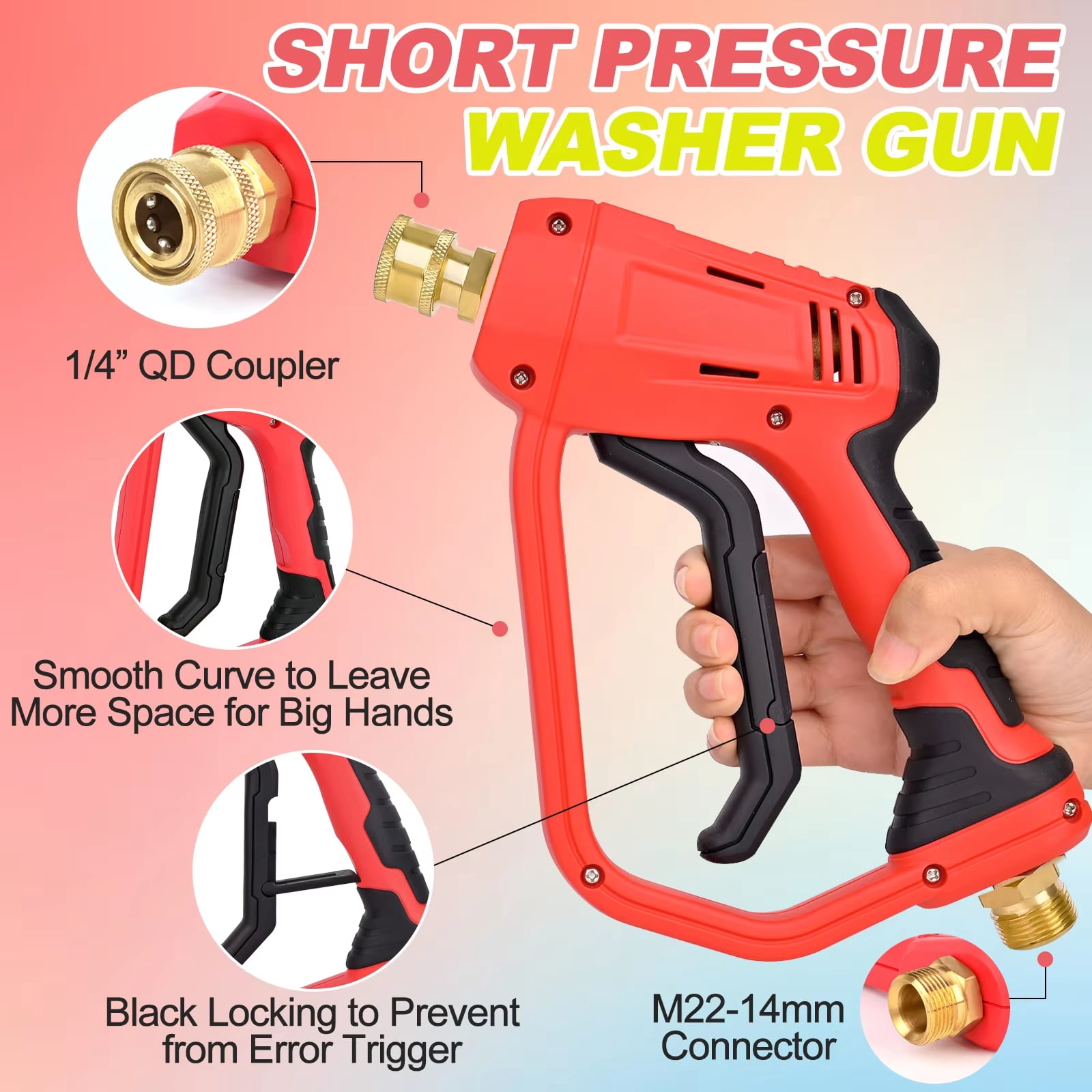 Mini High Pressure Washer Short Tool with M22-14mm, Inlet 1/4” Quick Connector Coupler & M22-ID15mm Connector, Power Washer Toolsxa