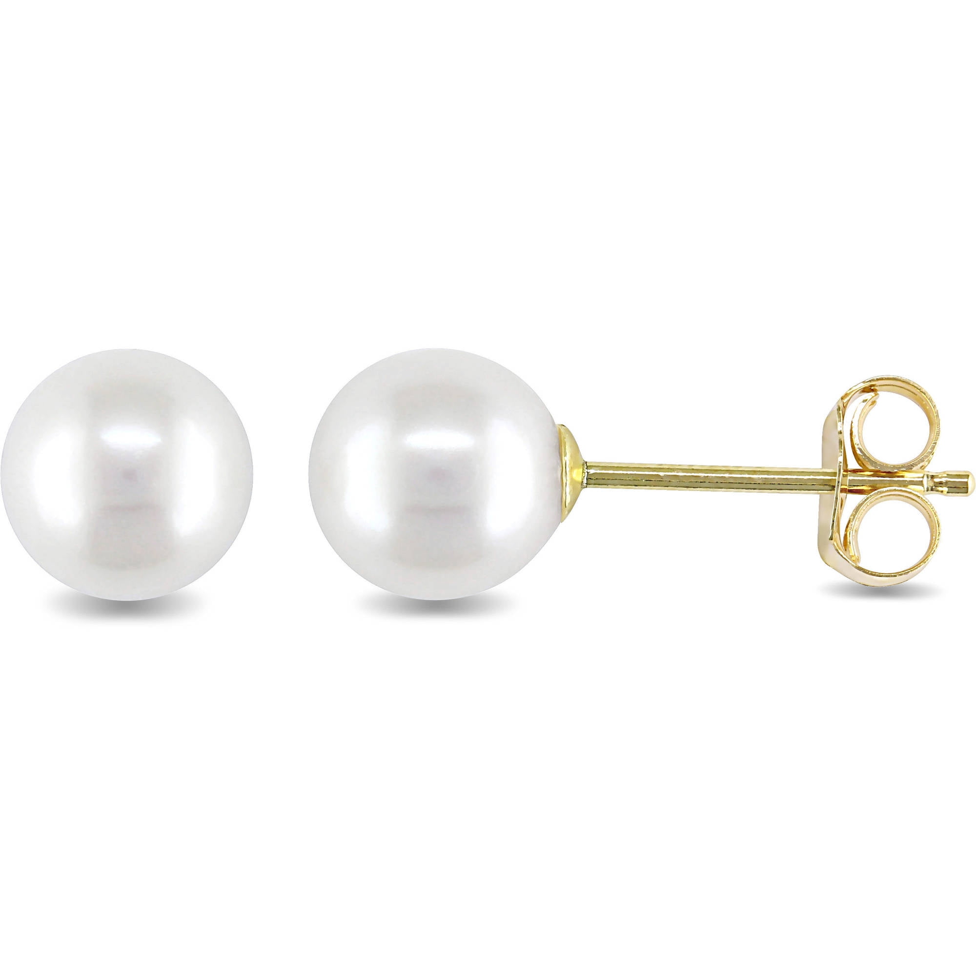 Round Paper Clips Gold over Silver AAA 7.5mm Freshwater Pearl Earrings Vermeil Modern Design White