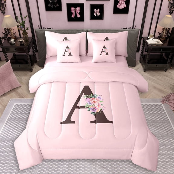 Erosebridal A Personalized Initial Girl Twin Bedding Sets 7-Piece,Teens Floral Rose Flowers Bedding Comforter Set,Pink Reversible