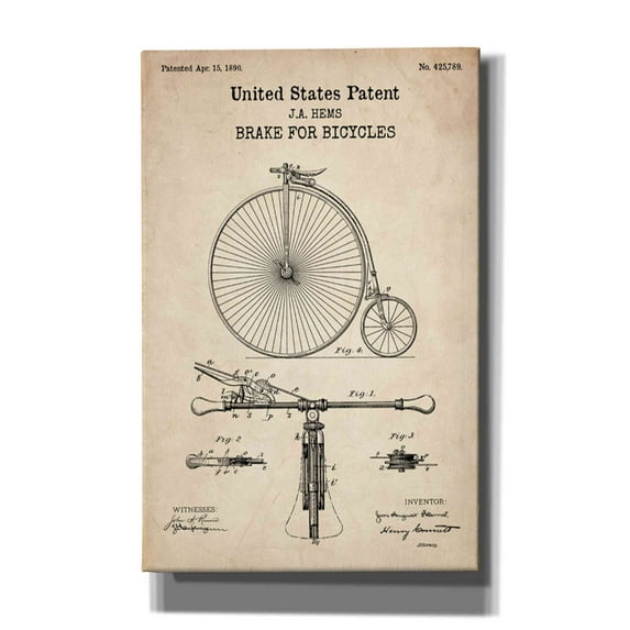 Epic Graffiti "Brake for Vintage Bicycle Blueprint Patent Parchment" Giclee Canvas Wall Art, 26"x40"