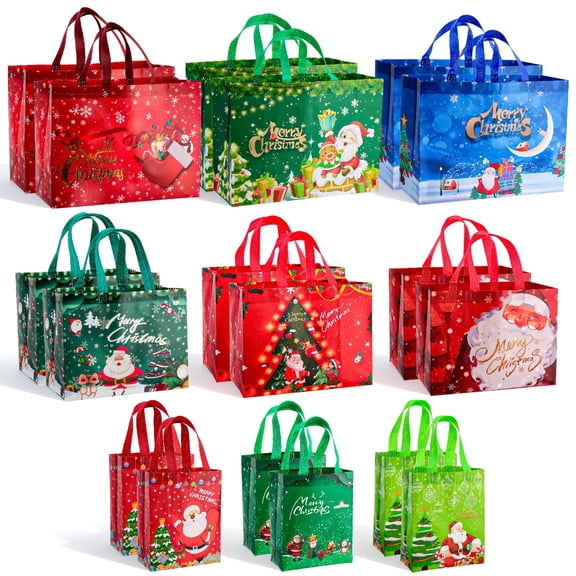 sixwipe 18 Pack Christmas Gift Bags 3 Sizes, Christmas Tote Bags with Handles, Reusable Shopping Bag for New Year, Xmas's Party Supplies Decorations
