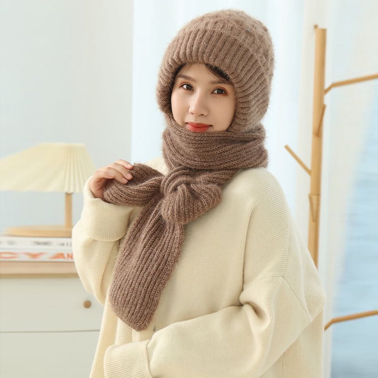 Women Khaki Hooded Scarf Winter Beanie Hats Beanies Knitted Crochet Hat Xfvqtps Womens 2 PCS Beanie Scarf Integrated Knitted Crochet  main image 2