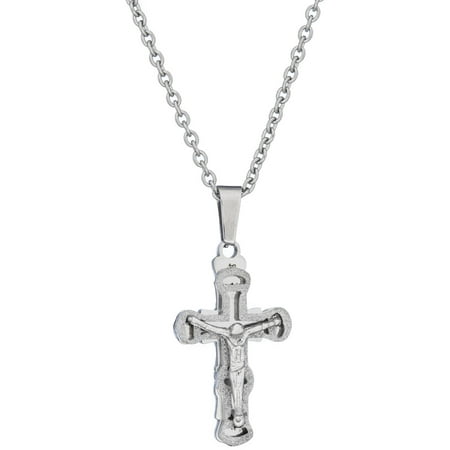 - American Steel Jewelry Stainless Steel Silver-Tone Petite Jesus Cross Crucifix Religious Pendant with Sand Blast/Diamond-Cut Design, 18