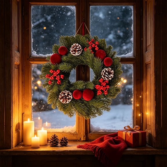 Bcylexb Christmas Wreaths for Front Door, 15.8" Realistic Decorative Pine Wreaths with Ball Winter Holiday Decor for Outdoor Window Door Home
