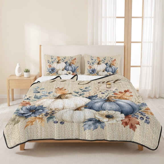 3 Pieces Queen Quilt Set,Thanksgiving Pumpkin Autumn Leaves Soft Bedding Sets with 1 Quilt & 2 Pillow Shams,Vintage Linen Beige Summer Bedspread Lightweight Coverlet Comforter for All Season